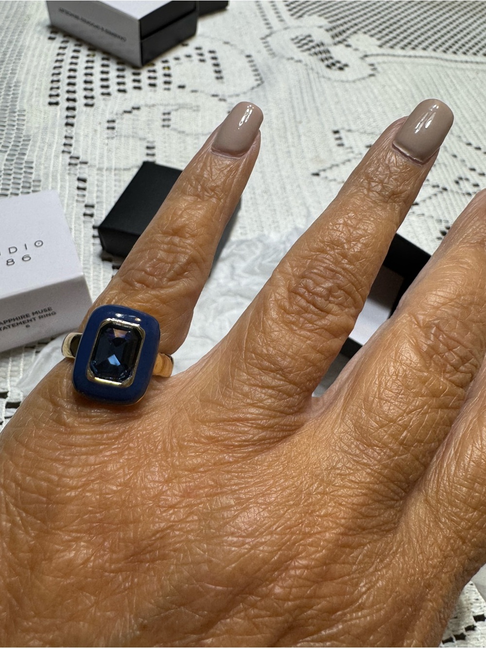 Avon Gold-Tone Ring with Deep Blue Stone and Navy Enamel